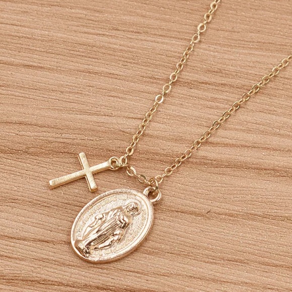 Jewelry - Cross gold mother Mary statue necklace